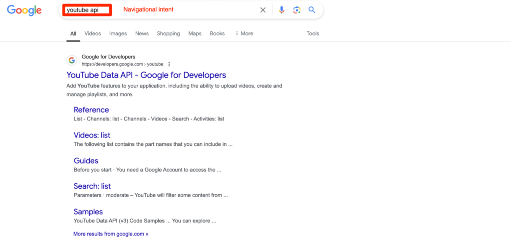 Screenshot of Google SERP showing navigational intent